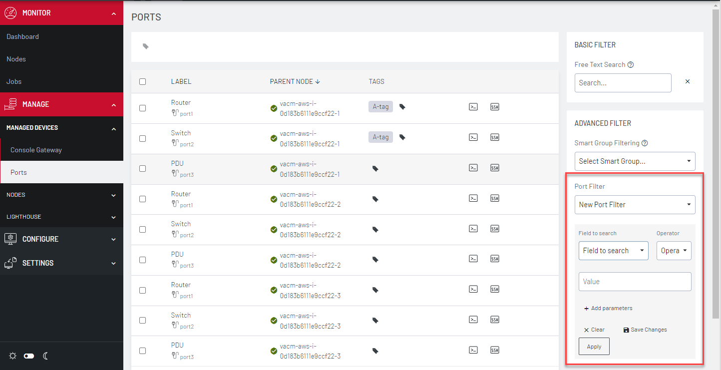 Image of the Lighthouse UI showing how to set up a port filter